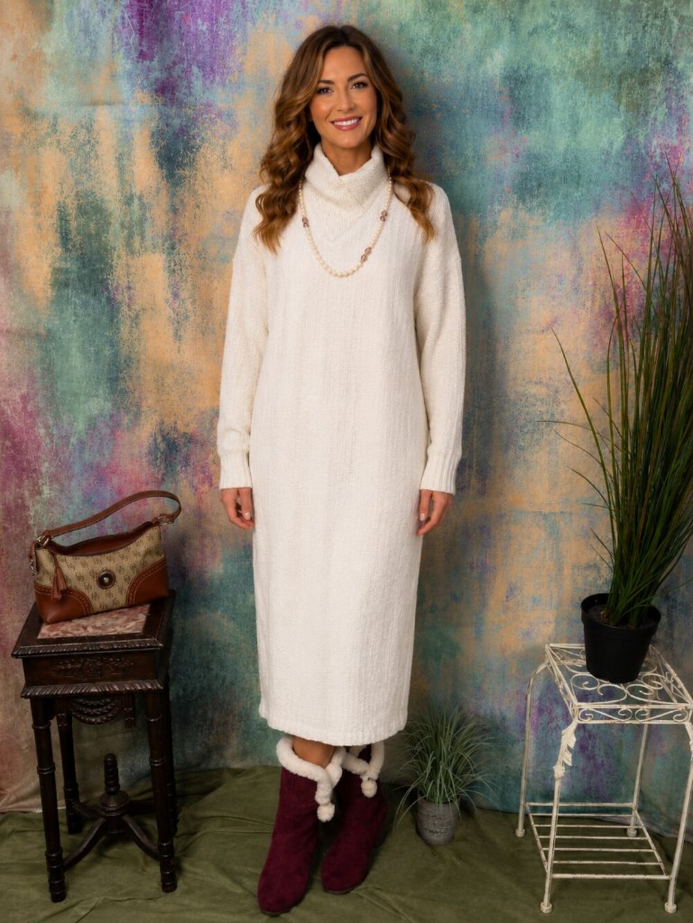VTG📌R.T.W Ready to Wind Relaxed-Fit Crossover Mock-Turtleneck Collar Knit Dress
